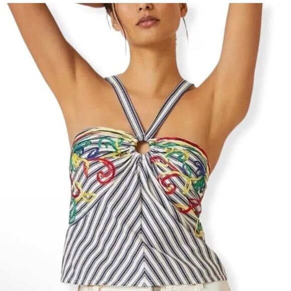 Tiny XS Anthropologie Avril Emroidered Striped Halter Top $110 Blue - Picture 2 of 7